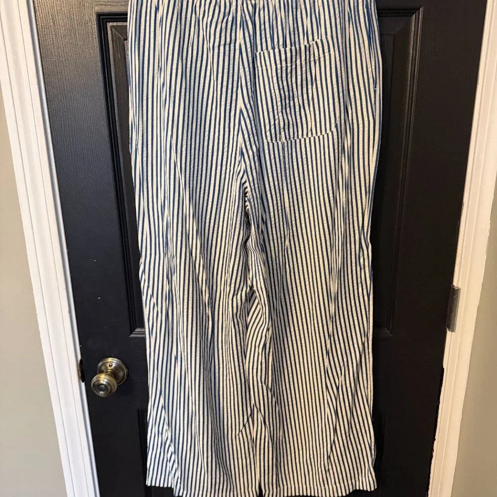 NWT American Eagle Wide Leg Stripe Pants Lightweight Blue White Medium - Picture 5 of 6